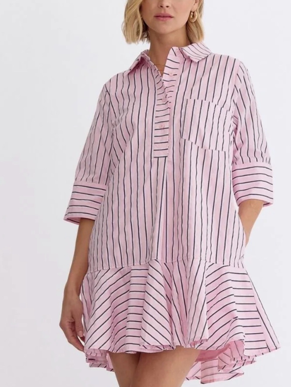 entro Pink and Black Striped Mini Shirt Dress